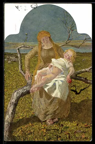 Künstler-AK Giovanni Segantini: Mutter sitzt mit ihrem Kind auf einem Ast