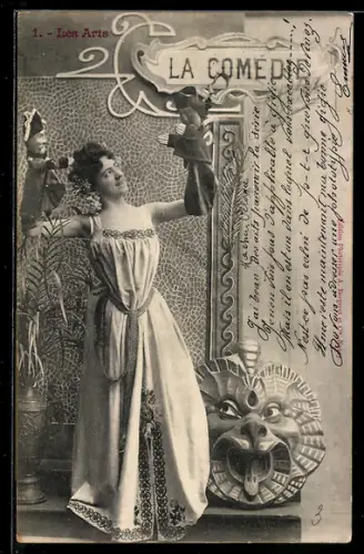 AK Les Arts, La Comédie, Frau mit Handpuppen