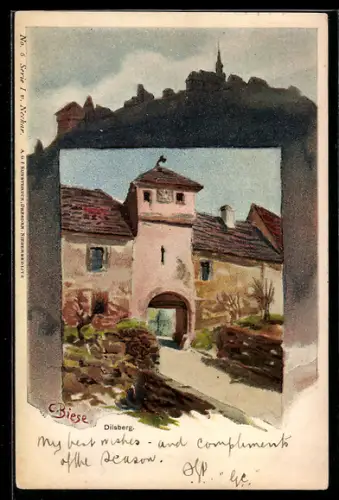 Künstler-AK Carl Biese: Dilsberg, Blick zum Tor, Passepartout