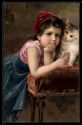 Lithographie Rotkäppchen mit Katze
