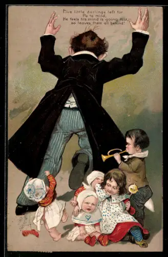 Lithographie Vater flüchtet vor Kindern, Scherz