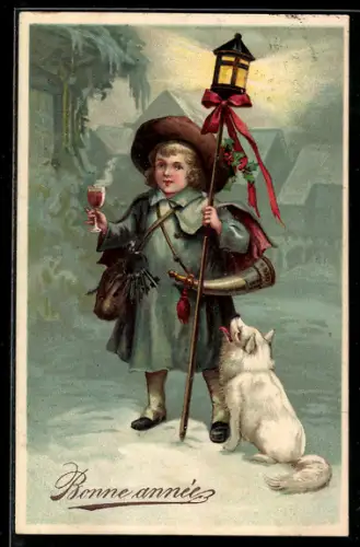 AK Nachtwächter mit Glühwein und Hund, Neujahrsgruss