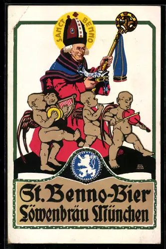 Künstler-AK Otto Obermeier, Löwenbräu München, St. Benno-Bier, Sct. Benno mit kleinen Engeln
