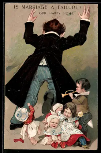 Lithographie Vater flüchtet vor Kindern, Scherz