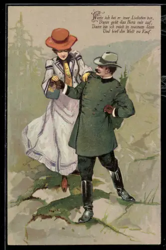 AK Herr geleitet eine Dame über Felsen