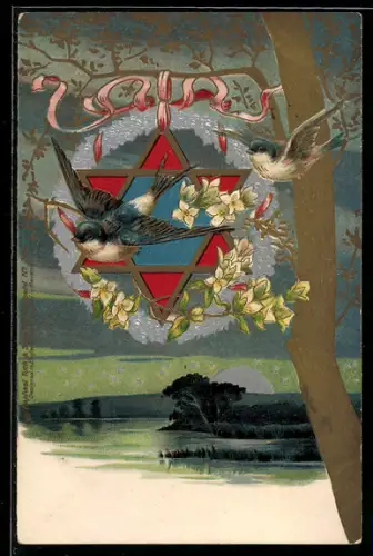 AK Schwalben vor sechseckigem Stern im Kranz und Abendlandschaft, Jugendstil