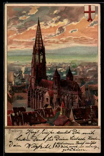 Künstler-Lithographie Heinrich Kley: Hamburg, Nikolaikirche mit Ortspanorama, Wappen