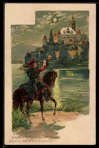 AK Behüt Dich Gott!, Abschied, Trompeter zu Pferde vor der Burg