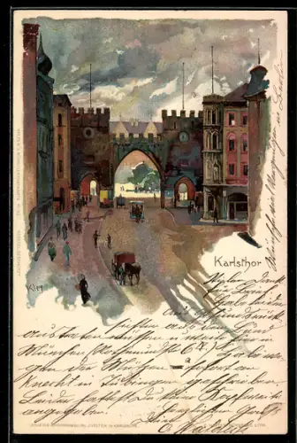 Künstler-Lithographie Heinrich Kley: München, Blick zum Karlsthor