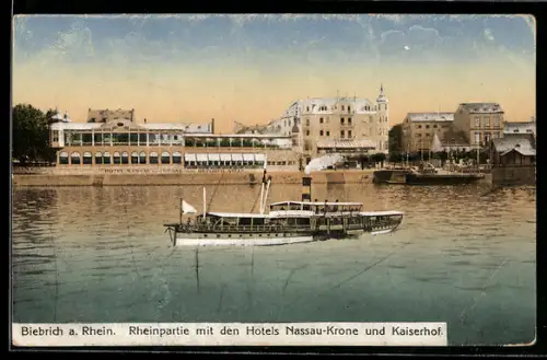 AK Biebrich a. Rhein, Rheinpartie mit den Hotels Nassau-Krone und Kaiserhof
