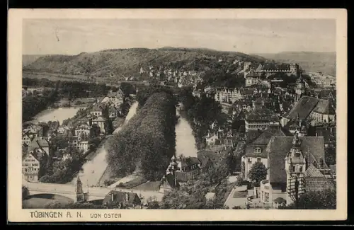AK Tübingen a. N., Ortsansicht von Osten, Neckar, Altstadt, Schloss