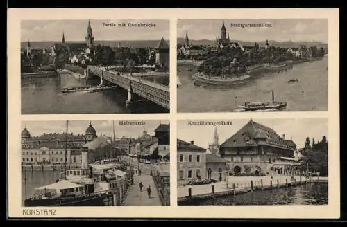 AK Konstanz, Partie mit Rheinbrücke, Stadtgartenansicht, Hafenpartie, Konziliumsgebäude