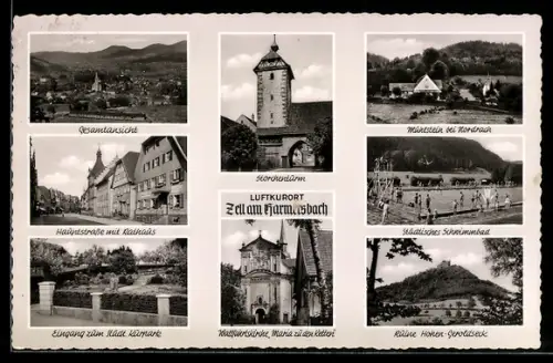 AK Zell am Harmersbach, Storchenturm, Hauptstrasse mit Rathaus, Ruine Hohen-Geroldseck
