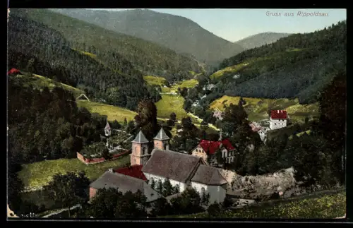 AK Rippoldsau, Ortsansicht mit Kirche und Talblick