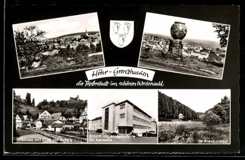 AK Höhr-Grenzhausen, Grenzau mit Blick zur Burg, Staatl. Ingenieurschule für Keramik, Brexbachtal