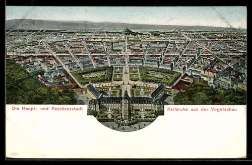 AK Karlsruhe, Schloss, Ortsansicht aus der Vogelschau