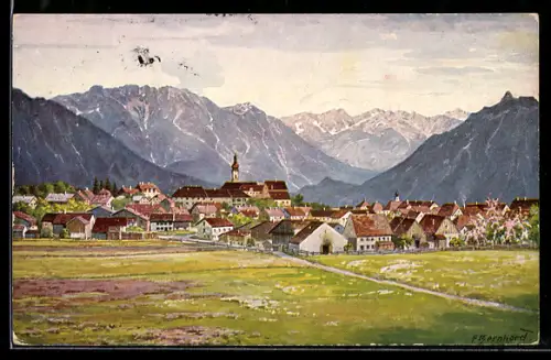 Künstler-AK Murnau, Ortsansicht mit Kirche und Bergpanorama