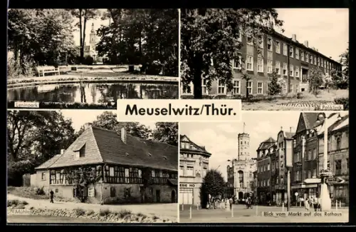 AK Meuselwitz /Thür., Leninpark, Poliklinik, Mühle, Blick vom Markt auf das Rathaus