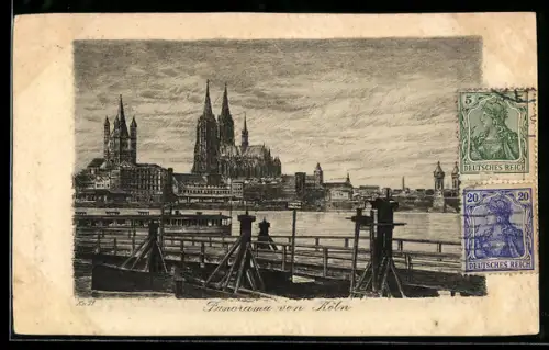 Künstler-AK Köln, Panorama mit Dom und Rhein