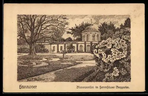 Künstler-AK Hannover, Blumenpavillon im Herrenhäuser Berggarten