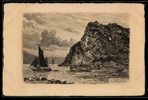 Künstler-AK Lorelei, Felsen, Segelboot, Dampfschiff