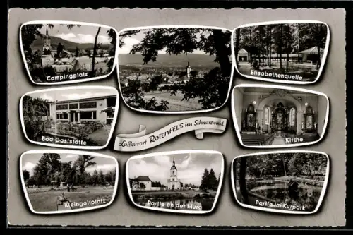 AK Rotenfels im Schwarzwald, Campingplatz, Elisabethenquelle, Kirche, Partie an der Murg