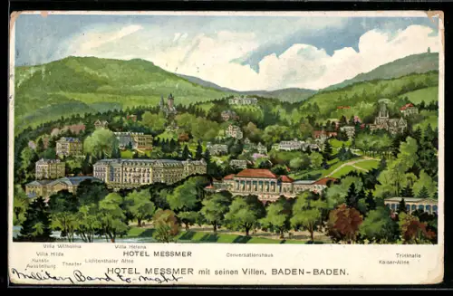 Künstler-AK Baden-Baden, Hotel Messmer, Conversationshaus, Villa Hedera, Trinkhalle