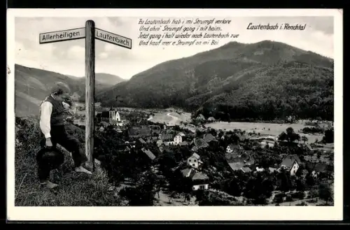 AK Lautenbach i. Renchtal, Ortsansicht mit Wegweiser nach Allerheiligen, Knabe, fehlender Strumpf