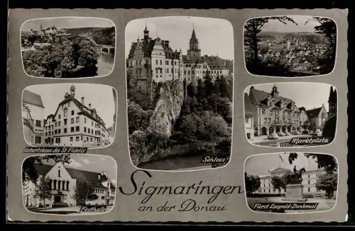 AK Sigmaringen an der Donau, Schloss, Marktplatz, Fürst Leopold-Denkmal