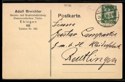 AK Ebingen, Geschäftskarte Adolf Breichler, Bekleidungs- u. Tuchhändler