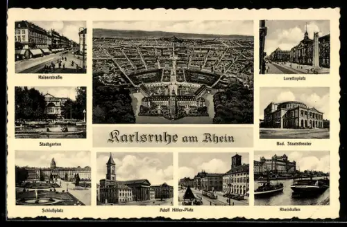 AK Karlsruhe am Rhein, Kaiserstrasse, Schlossplatz, Platz, Rheinhafen