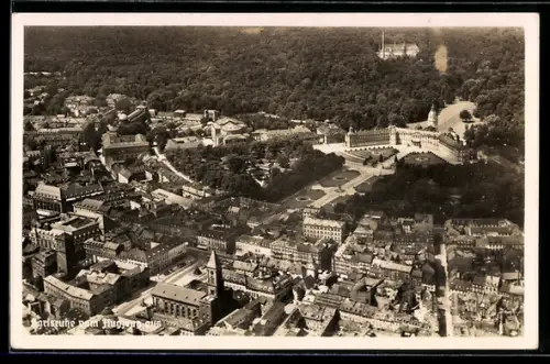 AK Karlsruhe, Schloss und Innenstadt aus der Luft