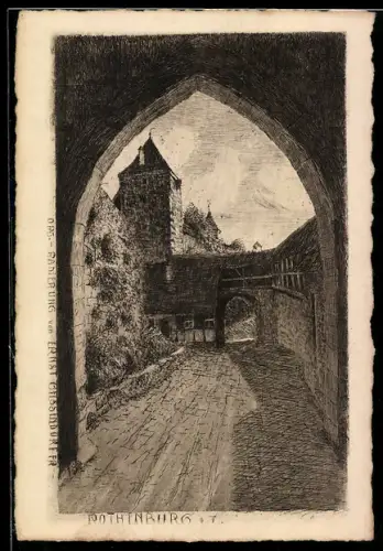 Künstler-AK Rothenburg o. T., Teilansicht durch einen Torbogen