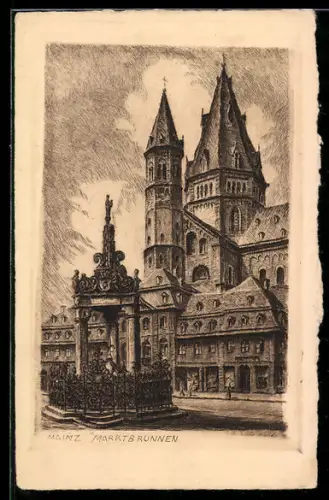 Künstler-AK Mainz, Partie am Marktbrunnen mit Kirche