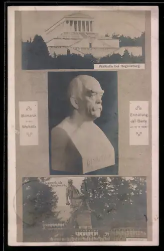 AK Regensburg, Walhalla, Bismarck-Büste und Figur als Jungbursch