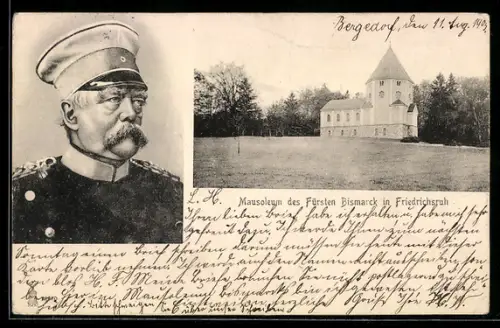 AK Friedrichsruh, Otto von Bismarck im Halbprofil mit Uniform und Mütze und sein Mausoleum