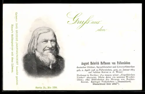 AK Portrait Dichter August Heinrich Hoffmann von Fallersleben im Anzug