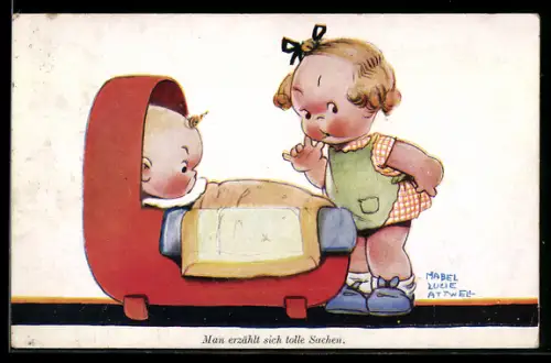 Künstler-AK Mabel Lucie Attwell: Man erzählt sich tolle Sachen, Mädchen flüstert dem Baby zu
