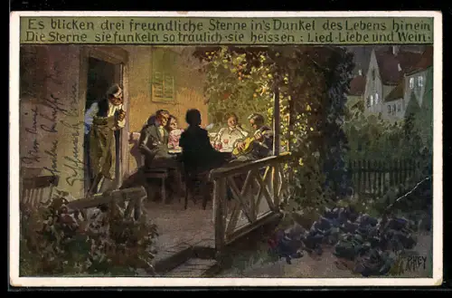 Künstler-AK Paul Hey: Volksliederkarte Nr. 71: Es blicken drei freundliche Sterne, lauer Sommerabend