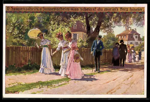 Künstler-AK P. Hey, Volksliederkarte Nr. 61: O Sonnenschein, Sonntagsspaziergänger im Dorf