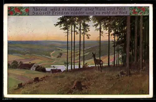 Künstler-AK P. Hey, Volksliederkarte Nr. 65: Abend wird es wieder, Reh blickt von einer Lichtung ins Tal
