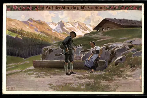 Künstler-AK Paul Hey: Volksliederkarte Nr. 90: Auf der Alm, da gibts koa Sünd!, Jäger und Bäuerin am Brunnen