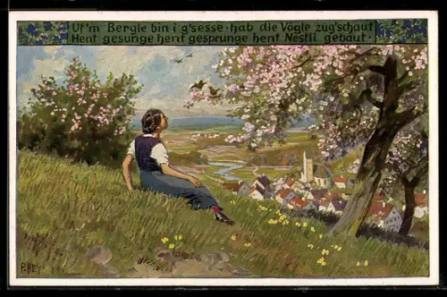 Künstler-AK P. Hey, Volksliederkarte Nr. 74: Uf`m Bergle bin i g`sesse, Frau auf Wiese unter Kirschbaum