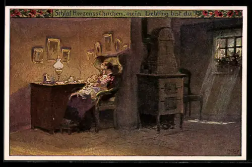 Künstler-AK P. Hey, Volksliederkarte Nr. 50: Schlaf, Herzenssöhnchen, Mutter und Kind in der guten Stube