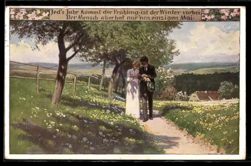 Künstler-AK Paul Hey: Volksliederkarte Nr.89: Paar beim Frühlingsspaziergang