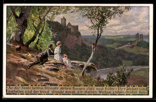 Künstler-AK P. Hey, Volksliederkarte Nr.44: An der Saale hellem Strande, Verein für das Deutschtum im Ausland