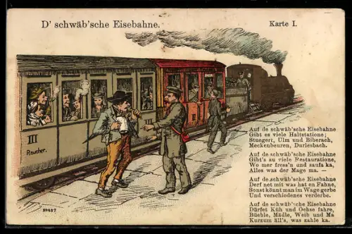 AK D` schwäb`sche Eise`bahne, Männer vor einem Waggon der III. Klasse, goldene Lokomotive