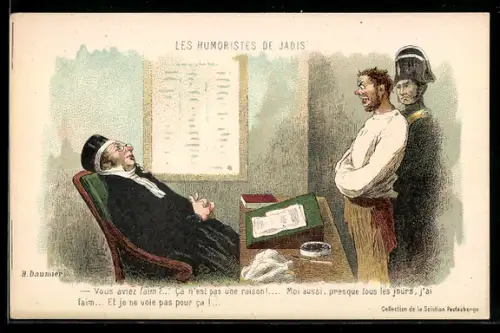 Künstler-AK sign. H. Daumier: Les Humoristes de Jadis, Mann in Zwangsjacke vor Richter