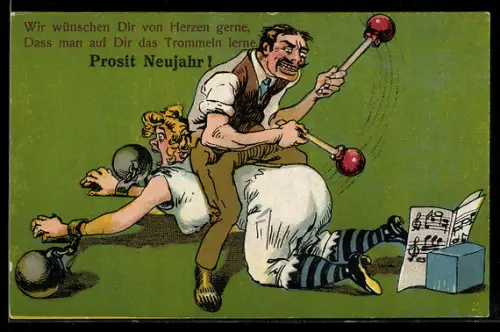 AK Mann trommelt auf den Po der Frau, Prosit Neujahr, frauenfeindlicher Humor