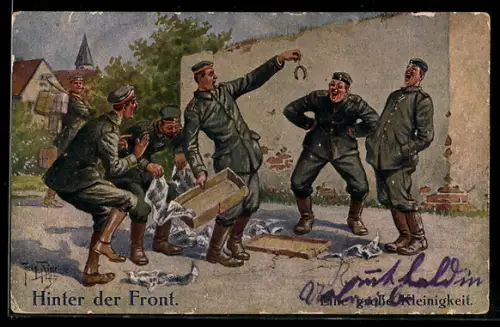 Künstler-AK A. Thiele: AK Hinter der Front, eine grosse Kleinigkeit, Soldat zeigt Kameraden winzige Wurst aus einem Paket